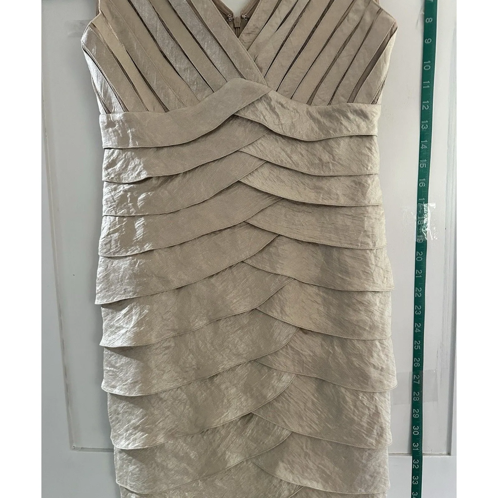 Adrianna Papell Champagne Pleated Ruffled Cocktail Formal Elegant Dress Sz 8P - Image 4