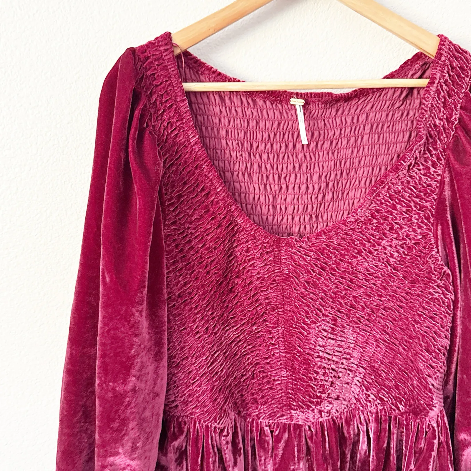 FREE PEOPLE | Farrier Velvet Mini Dress Boysenberry Smocked Puff Sleeve | Small - Image 3