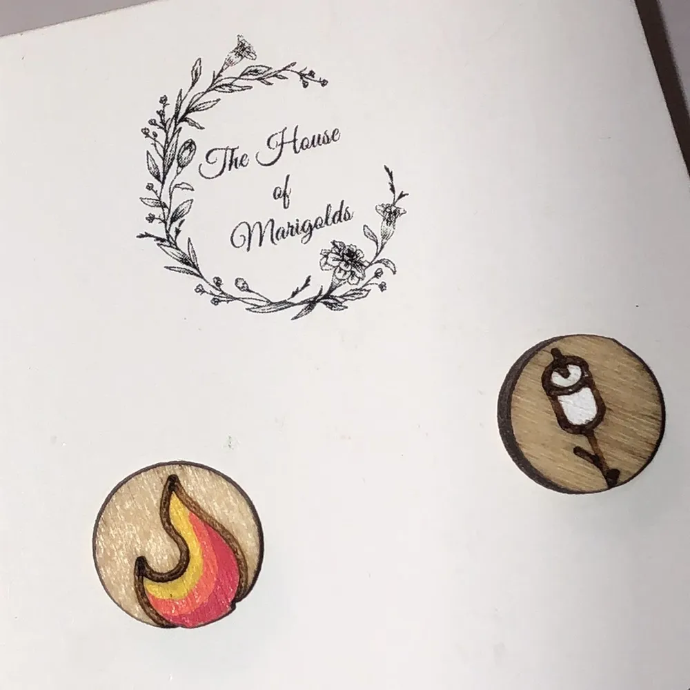 Round Flame Fire Marshmallow Wooden Hand Painted Boho Earrings - Image 2