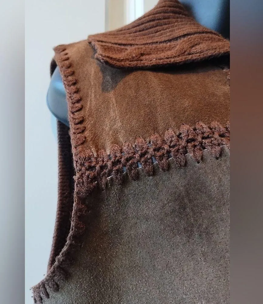 Designer Studio Original VINTAGE Brown leather and knit patchwork vest M Size M - Image 6