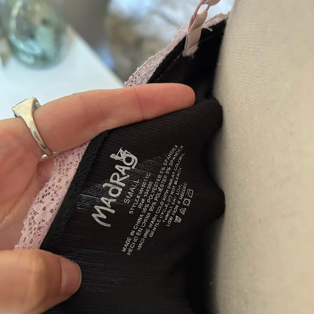 Madrag black ribbed babydoll pink strap mini slip dress nighty pjs small - Image 7