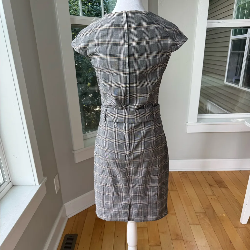 NAF NAF Gray Plaid Belted Cap Sleeve Business Casual Dress Size Small - Image 14