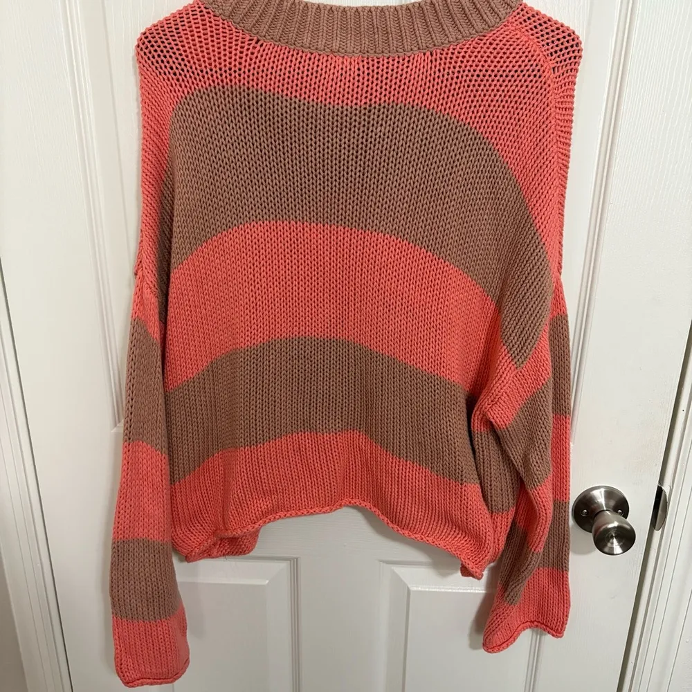 Aerie Coral Pink and Tan Striped Knit Oversized Sweater - Image 6