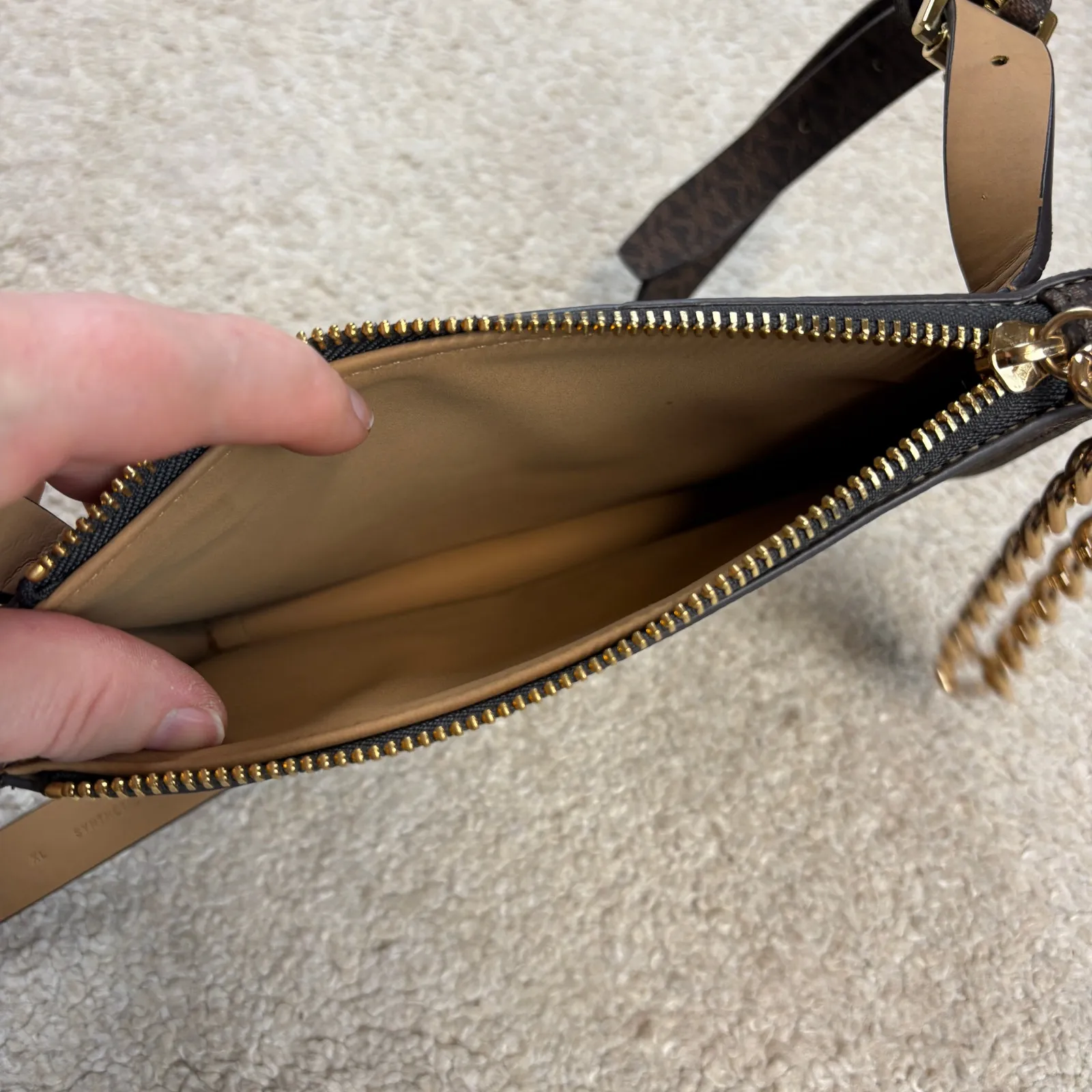 NWOT Michael Kors MMK Chain Zip Faux Leather Brown Logo Belt Bag Size XL - Image 5