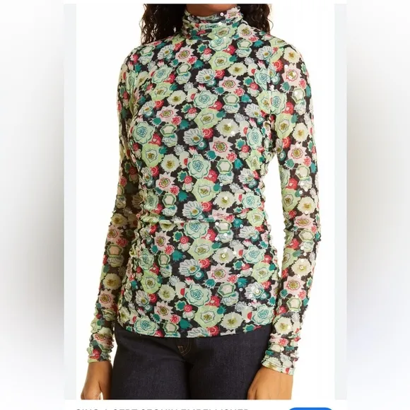 New NWT CINQ A SEPT SEQUIN EMBELLISHED SHIRRED TURTLENECK TOP FLORAL Size xs Green - Image 2