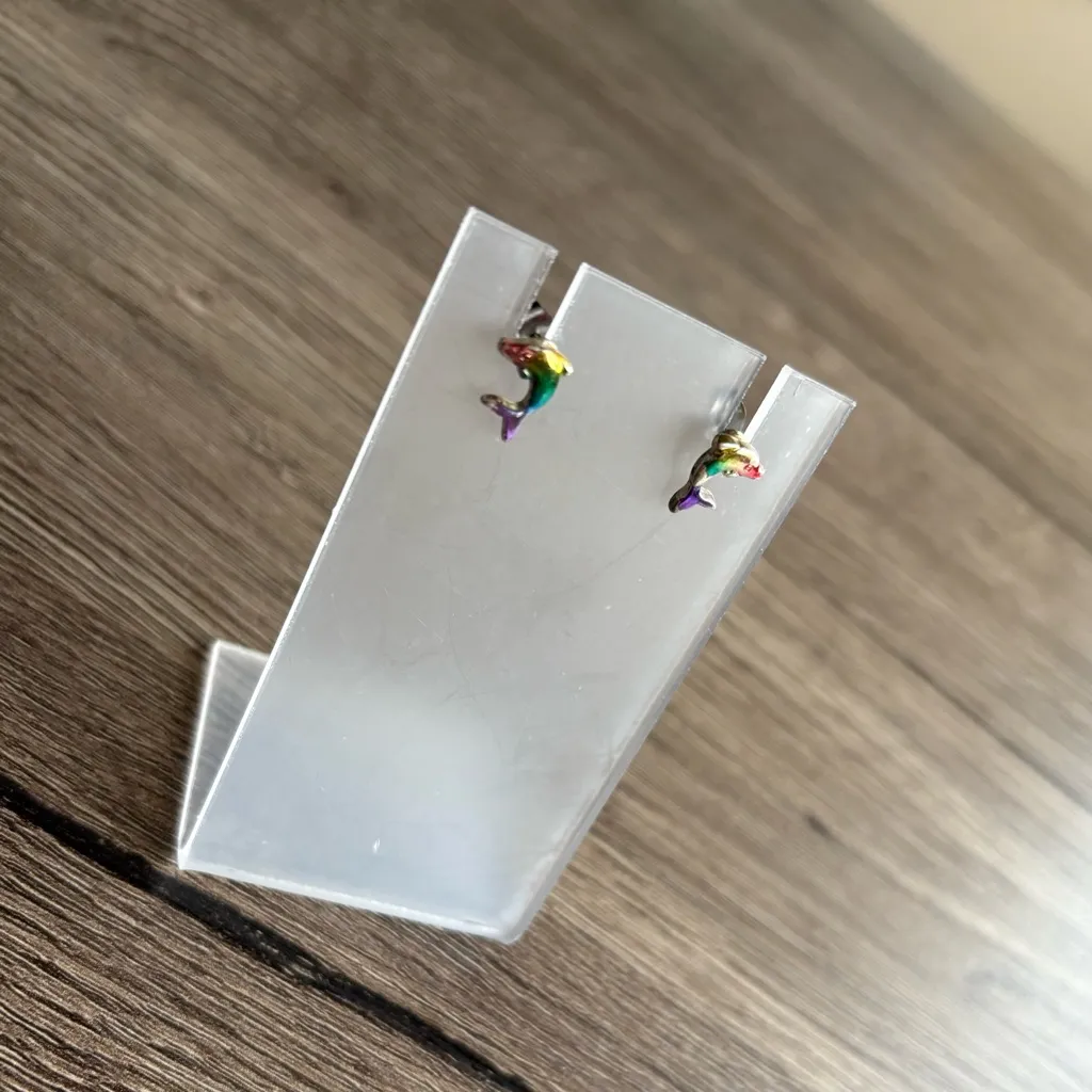 Vintage Colorful Silver Dolphin Hypoallergenic Stud Earrings - Image 3