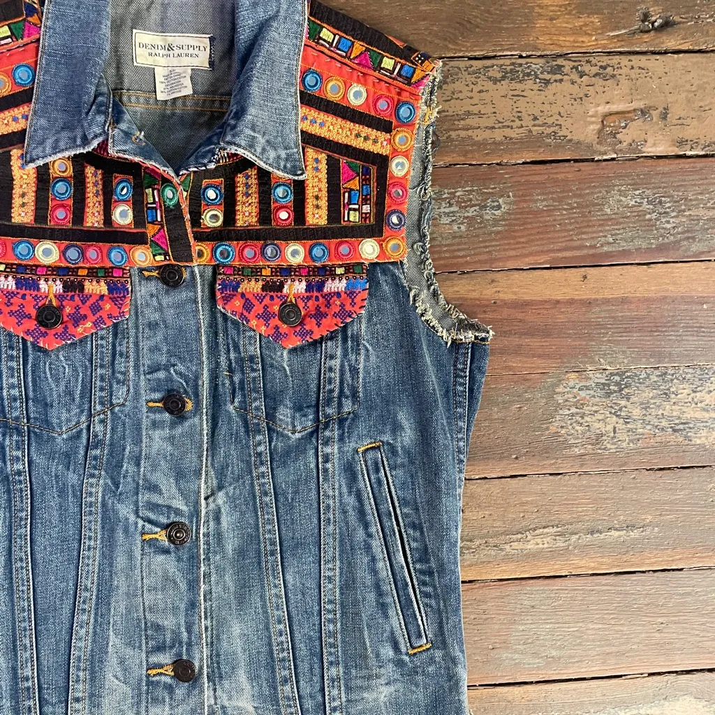 Vintage Denim & Supply Ralph Lauren Rare Jean Vest Southwestern - Sz S 🧡🎀 - Image 12
