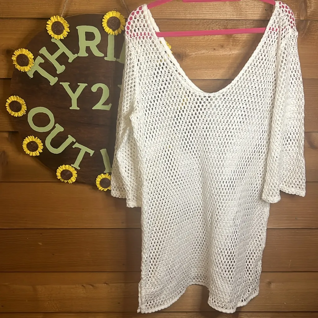 Kona Sol Cotton Mesh Bathing Suit Coverup Flare Sleeve Dress Off Shoulder Beachy - Image 2