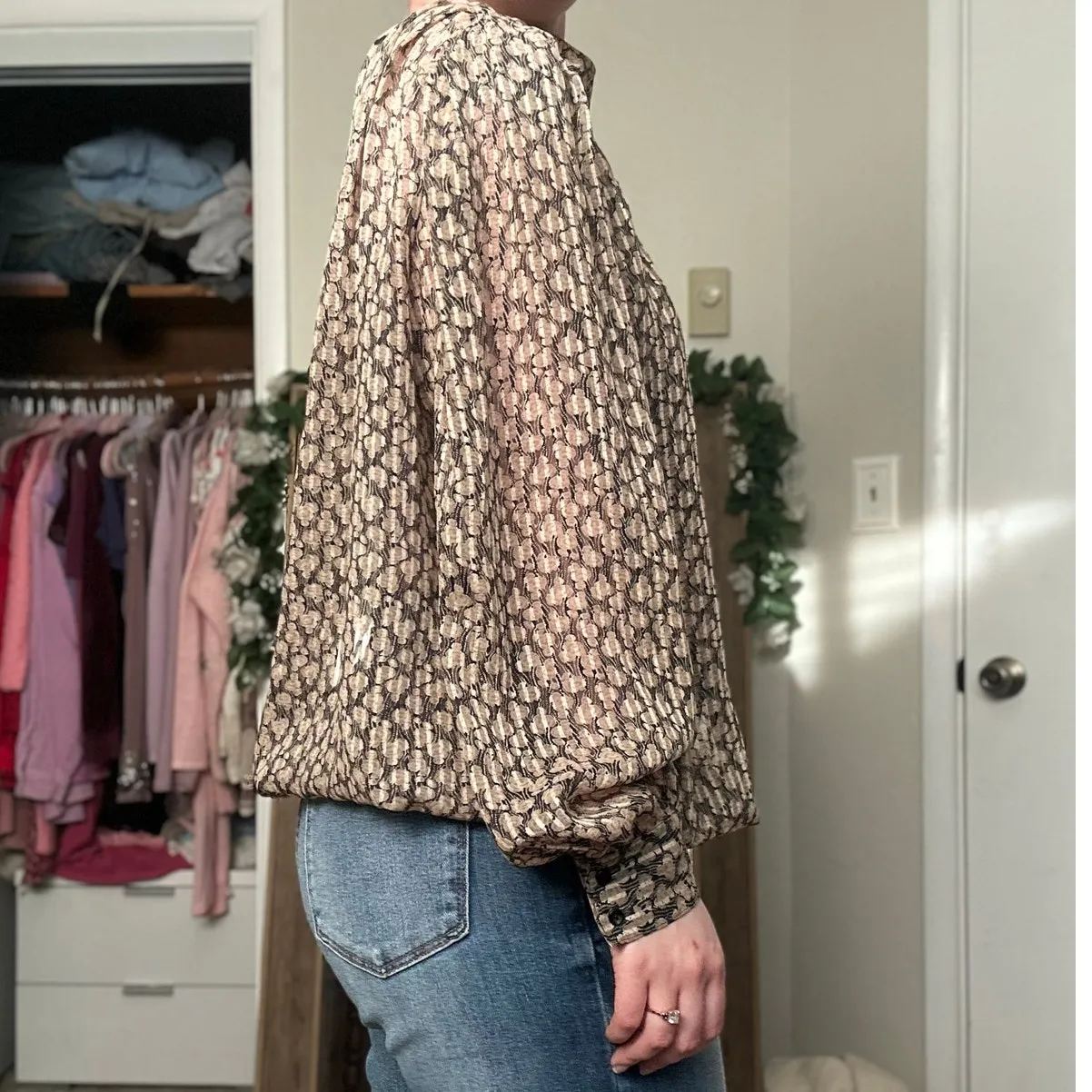 Vintage Sz 18 High Neck Sheer Chiffon Long Sleeve Peasant Crop Blouse Minimalist Brown - Image 2