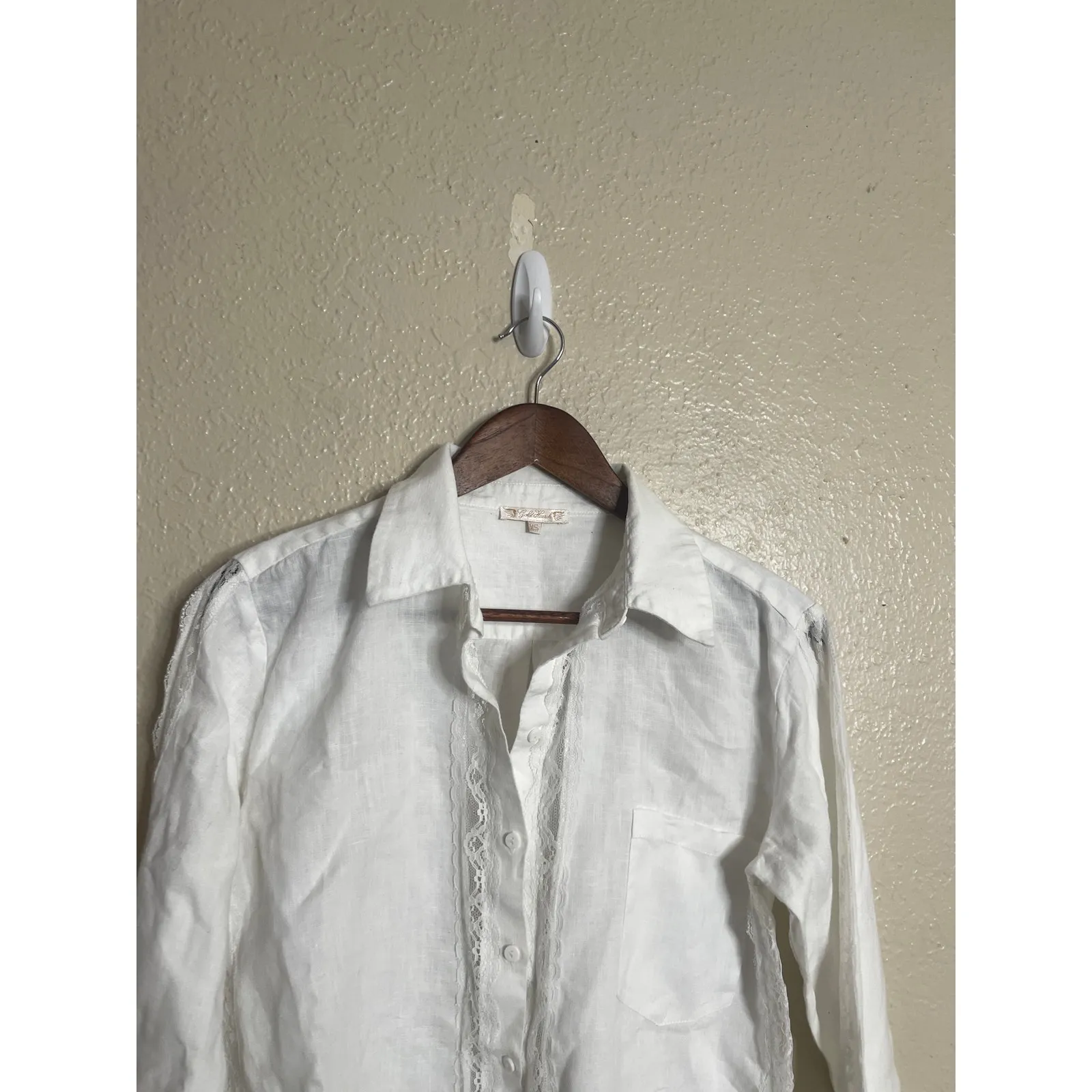 Gold Hawk Linen Shirt Lace Elevated Basic Minimalist Womans XS White - Image 8