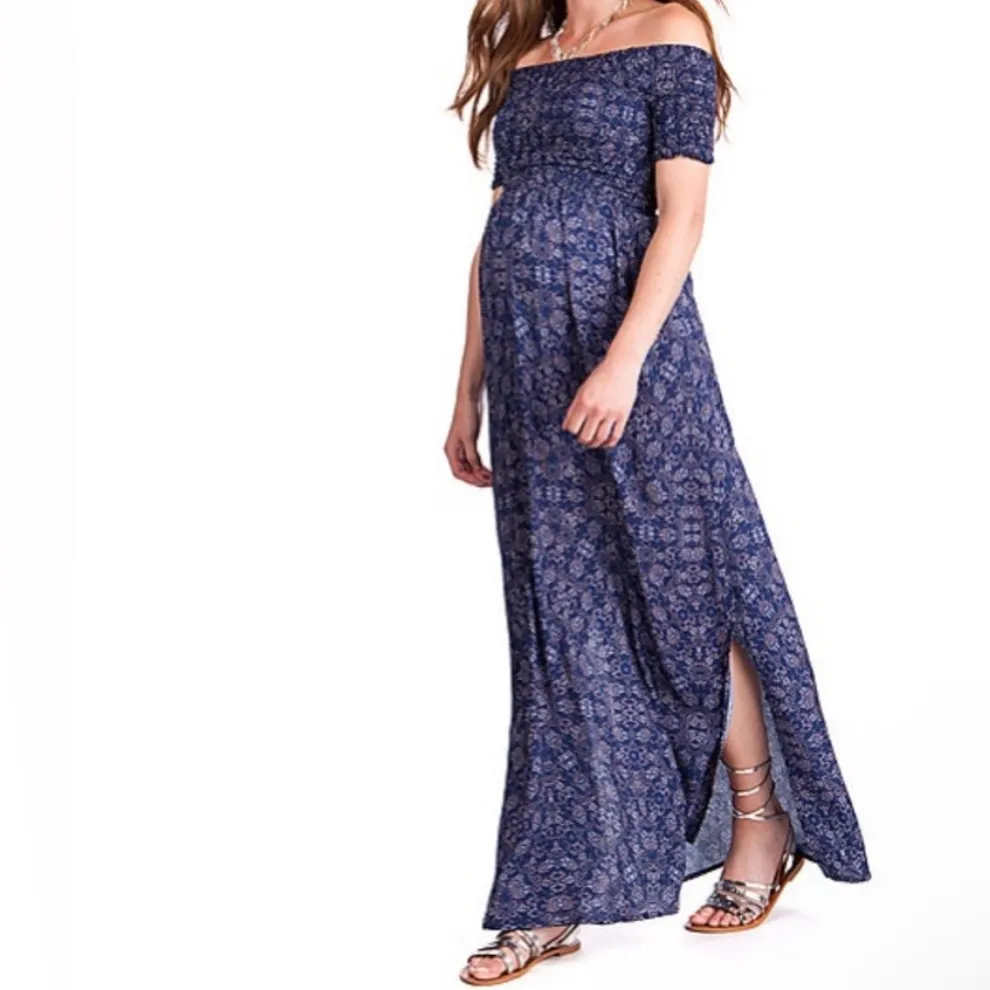 Seraphine Cara‎ Off Shoulder Maternity Maxi Dress Shirred Navy Blue 4 Size undefined - Image 2