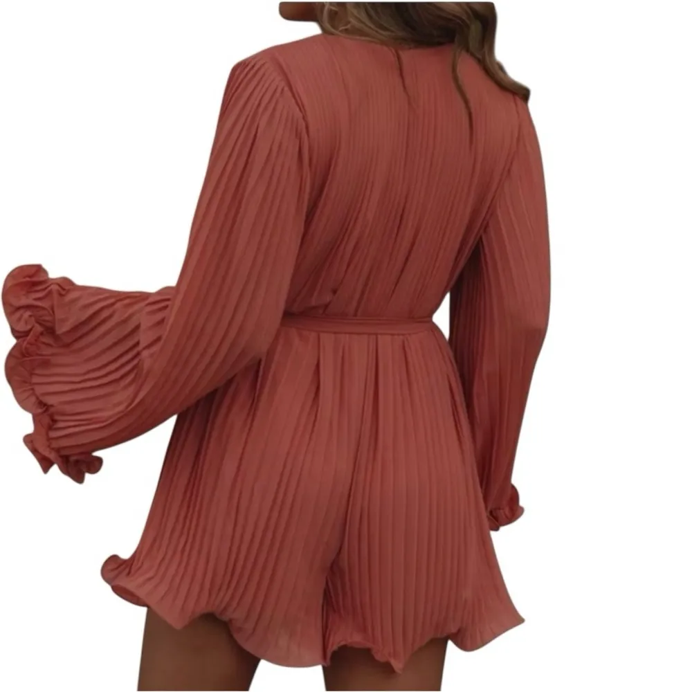 Endless Rose Pleated sienna rose long sleeve lettuce hem light weight Romper - Image 2