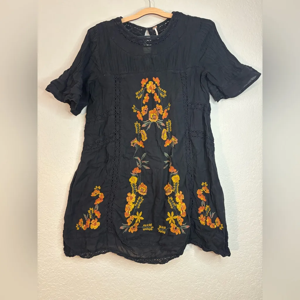 Free People Perfectly Victorian Embroidered Orange Yellow Floral Dress Size M - Image 5
