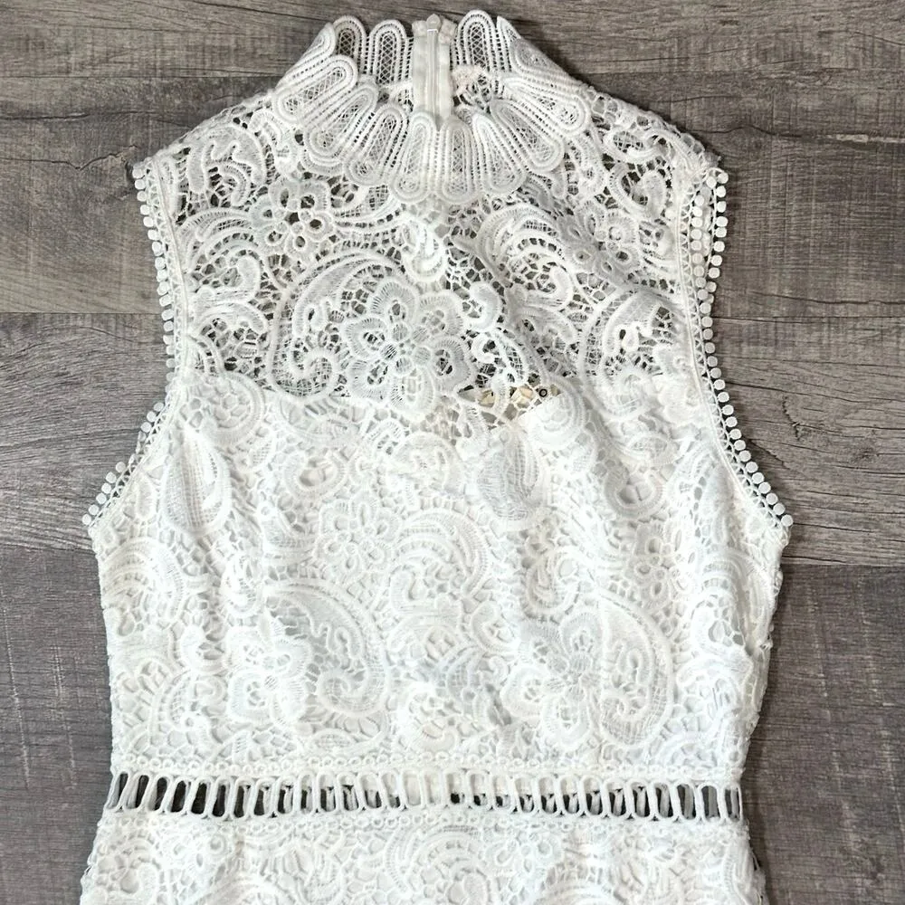 White Crochet Lace Overlay Midi Dress M Sleeveless High Neck Bridal - Image 2