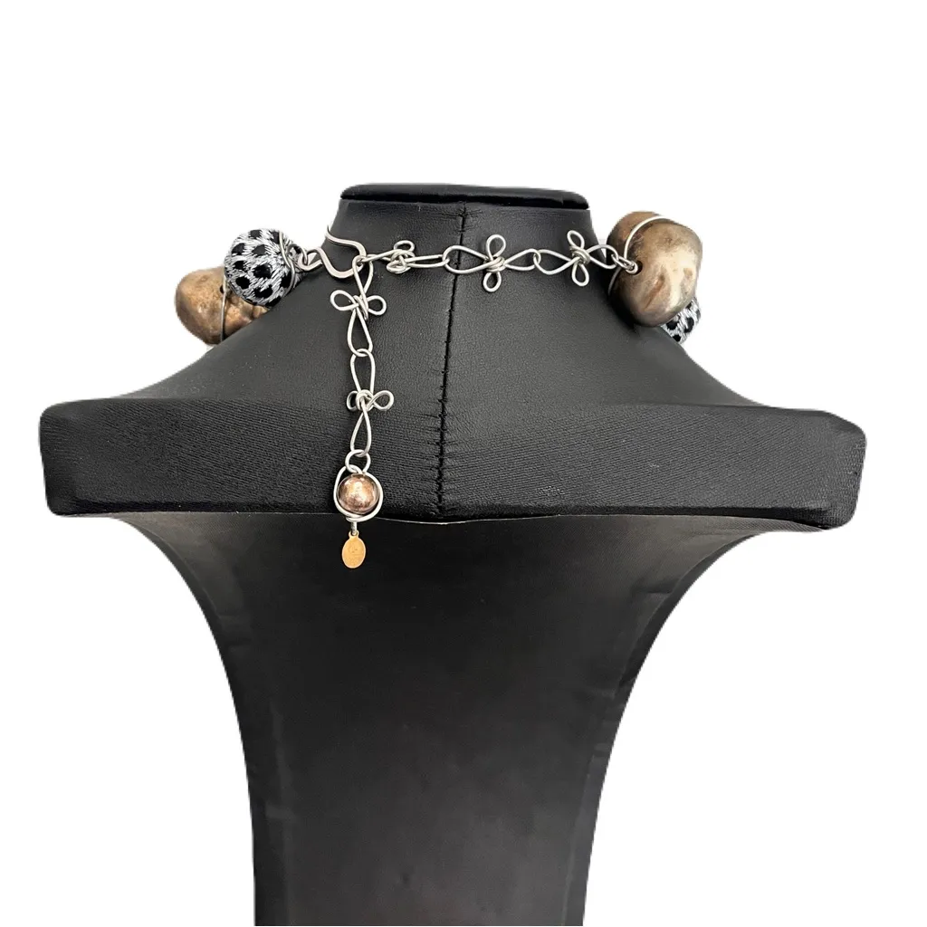 Abra Black and White Polka Dot Mixed Metal Large Nugget Beaded Necklace - Image 3