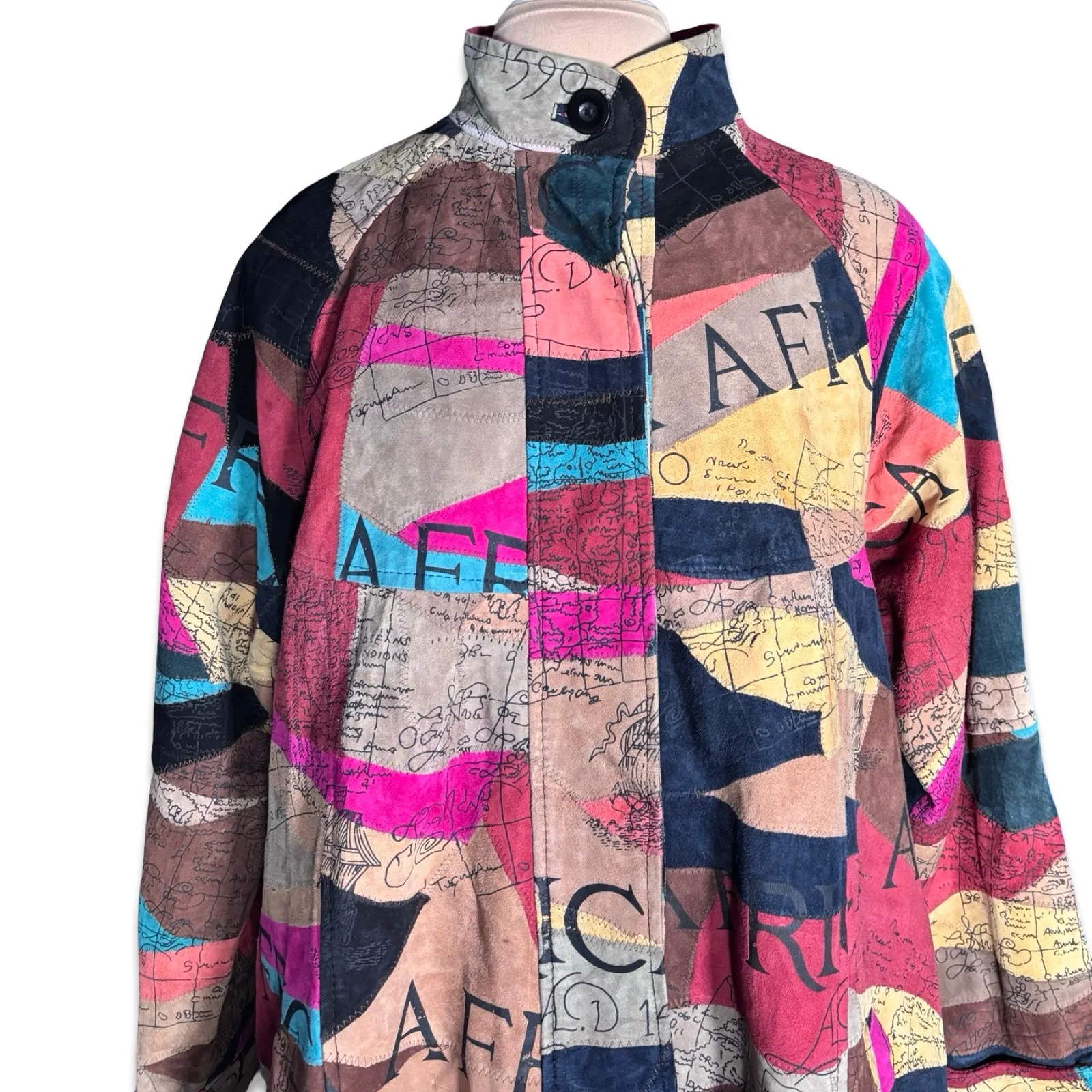 Vintage African Star Suede Leather Coat Map Print Oversized Long Jacket Boho Tan Size L - Image 2