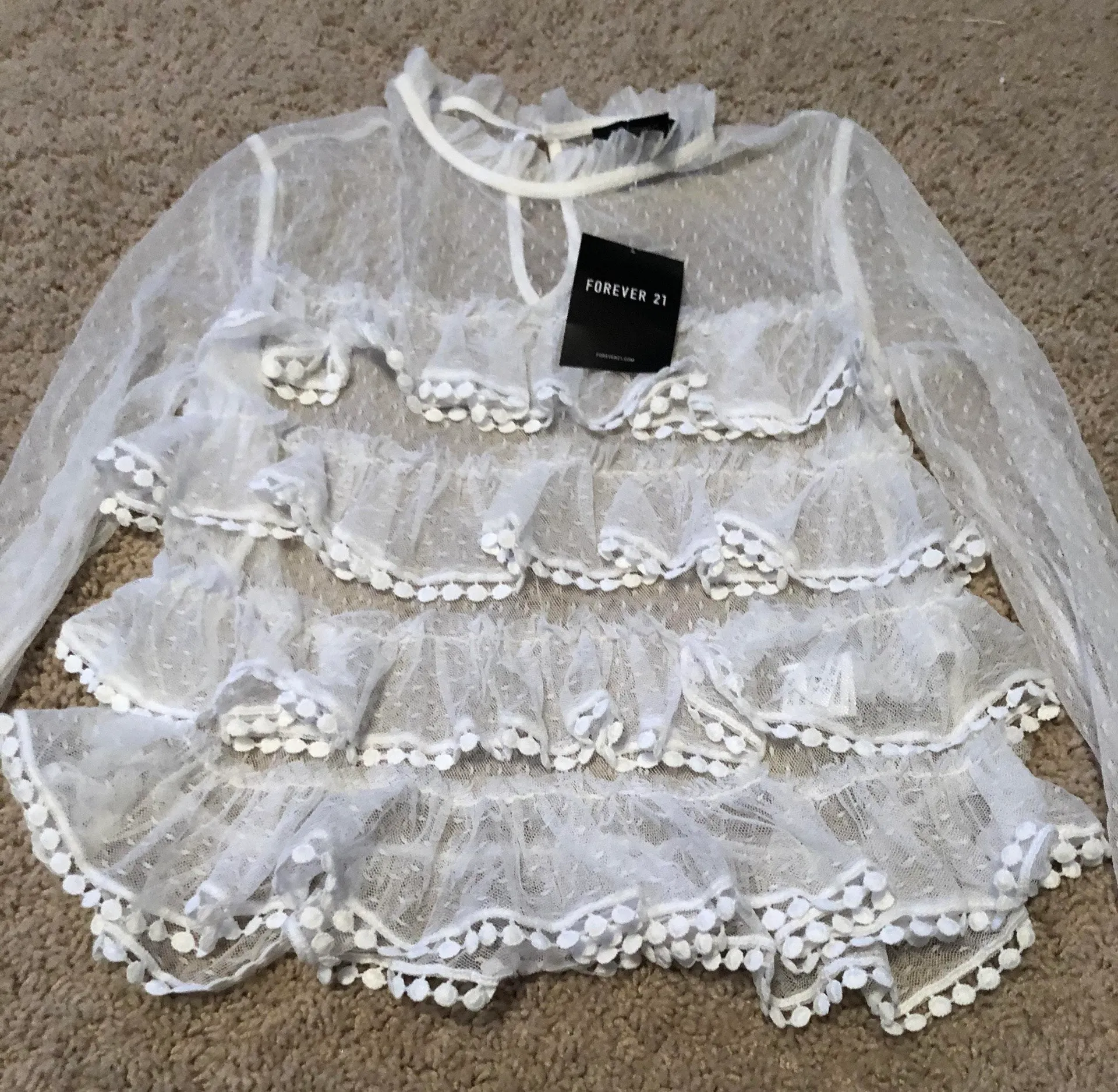 White mesh long sleeve ruffle top never worn - Image 2