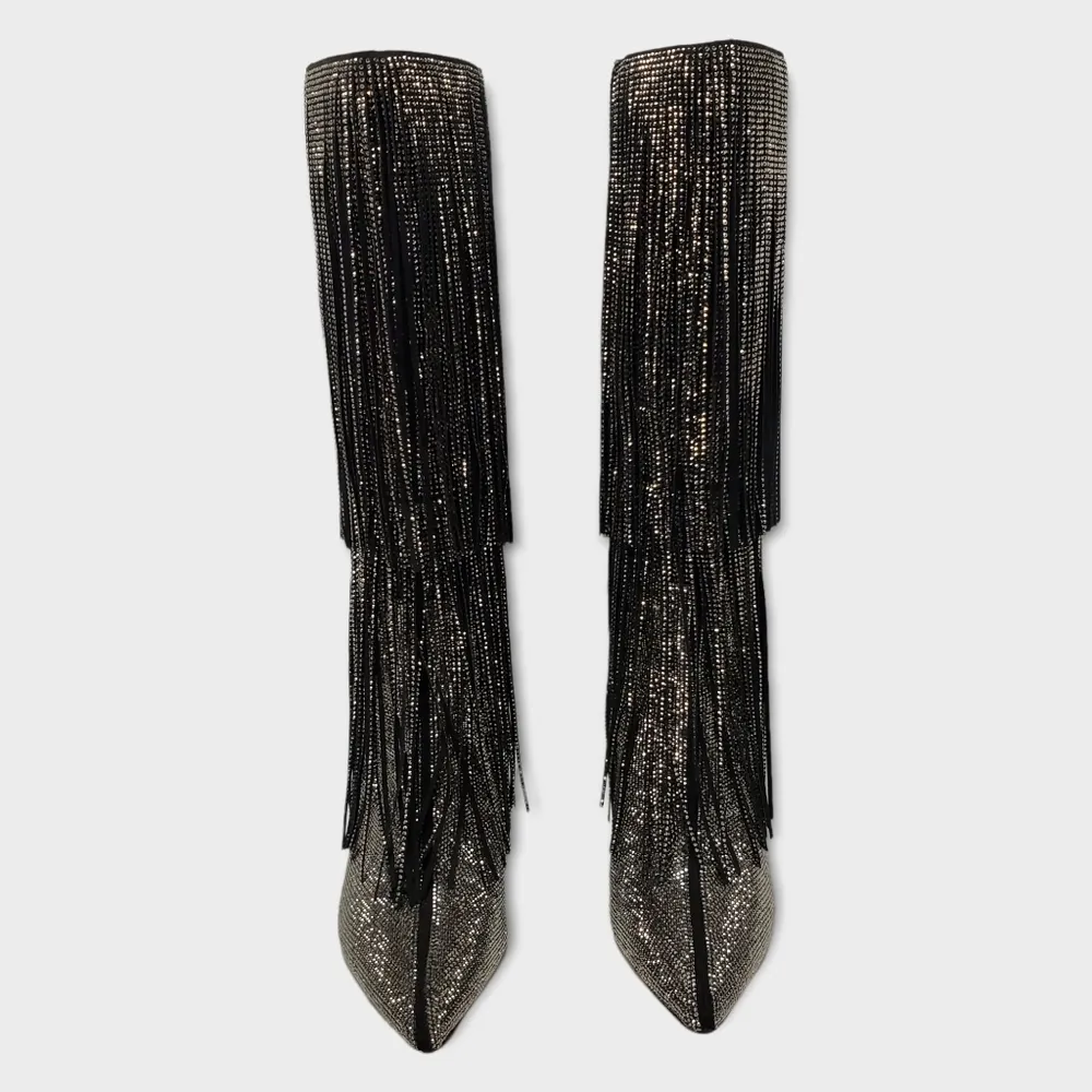 INC International Concepts Is Black and Silver Bling Fringe Heeled Boots Size 8M - Image 7