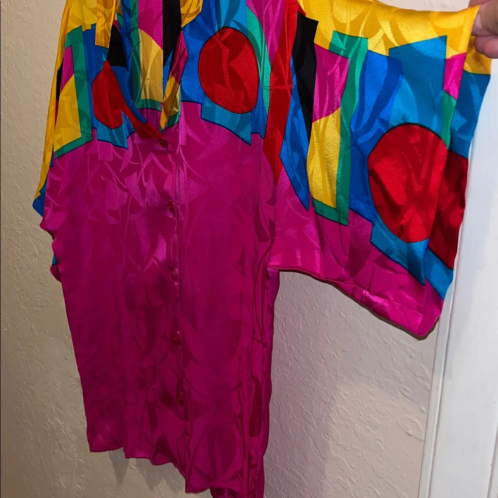 Silk Vintage Adrianna Papell Bright Short Sleeve Button Top Vibrant Blouse Retro - Image 8