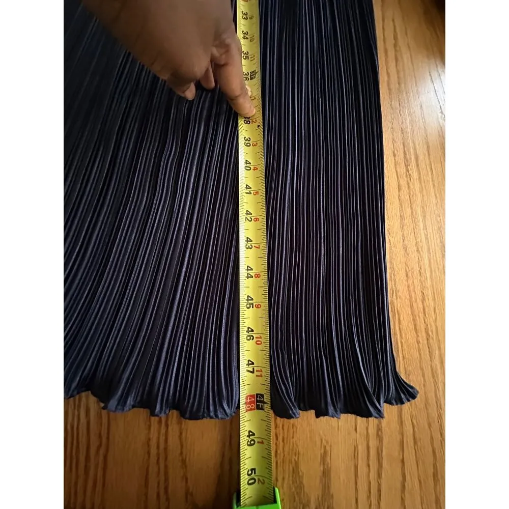 Vintage Navy Blue Pleated Long Sleeve Midi Dress Beaded Waist & V - Image 13