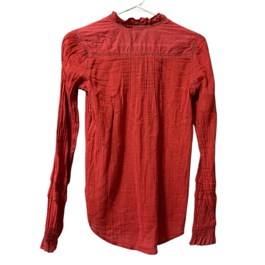 Faherty Willa Blouse Organic Cotton Women XS Peasant Top Shirt Puff Sleeve Coral - Image 2