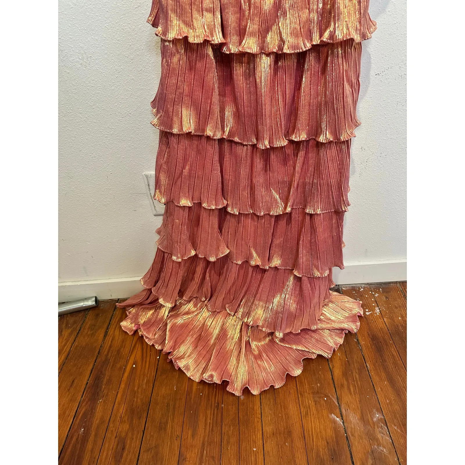 MAC DUGGAL Coral Pink Gold Ruffle Tiered Criss Cross Lace Up Back Gown Dress 2 - Image 14