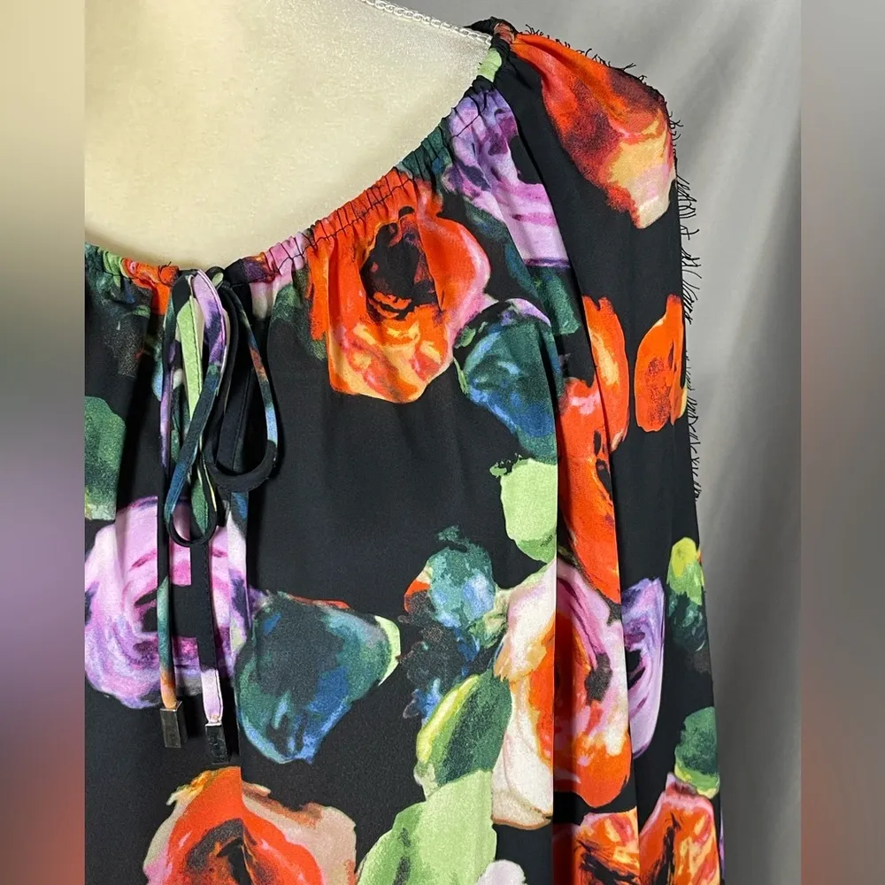 EST 1946 Women Bright Colorful Floral Lace Top Blouse Long Sleeve Tie Neck Sz XL Black - Image 7