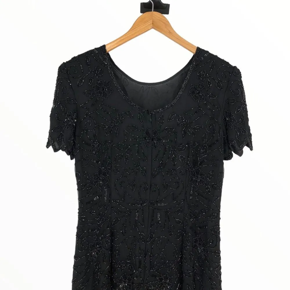 Stenay Vintage 80’s Black Beaded Zigzag Trim Short Sleeve Tiered Dress size 8 - Image 7