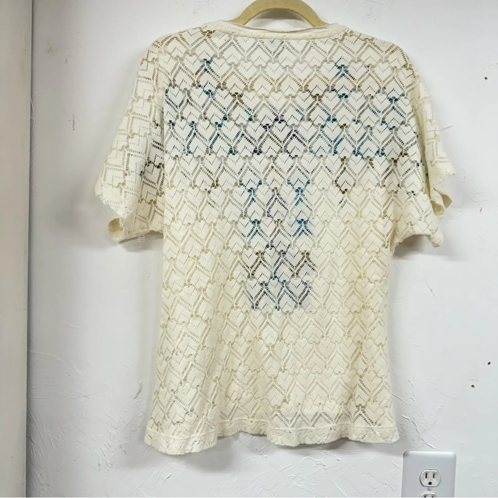 Sundance Boho Cream Floral Embroidered Crochet Short Sleeve Blouse Womens XS - Image 9