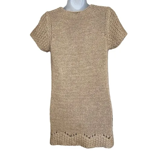 SCOVHUUS‎ ITALY Beige Open Knit Long S/S Sweater With Bow NWOT Size Small Tan - Image 7