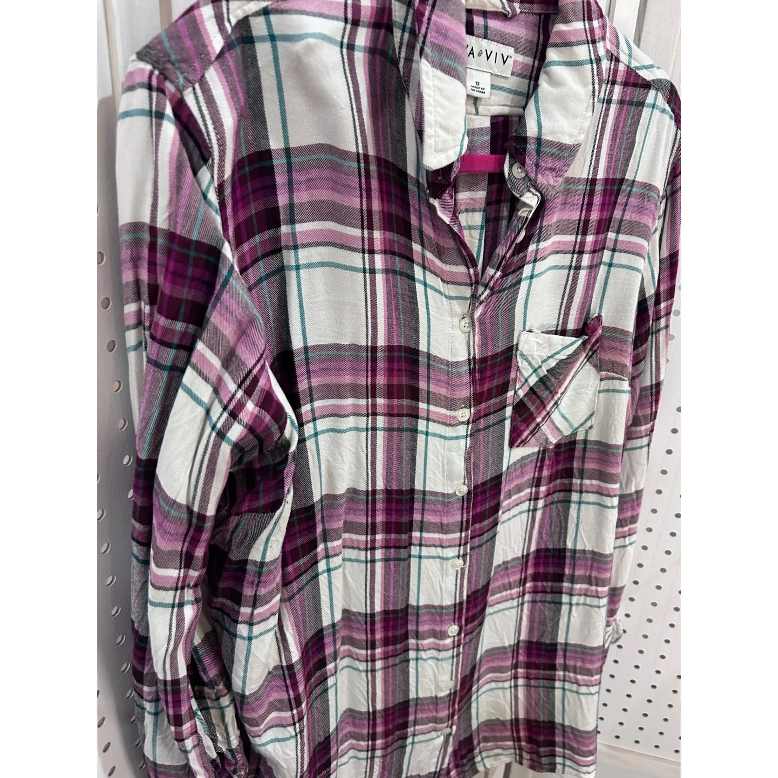 AVA & VIV Plus Size 1X Plaid Long Sleeve Button Up Shirt Purple White Green - Image 2