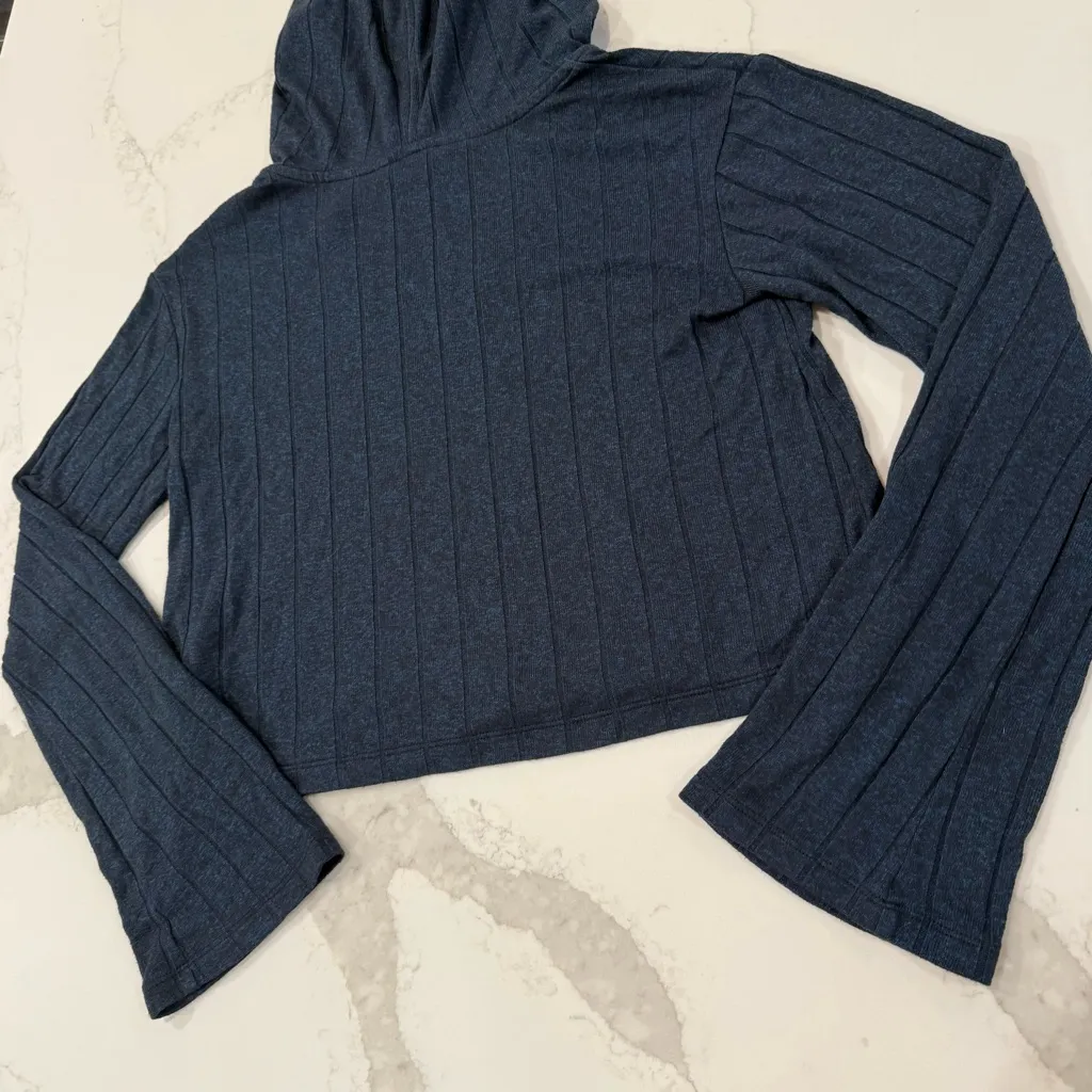 Athleta Harmony Pose Hooded V-Neck Crop Sweater Bell Sleeve Womens XXS Navy Blue - Image 8
