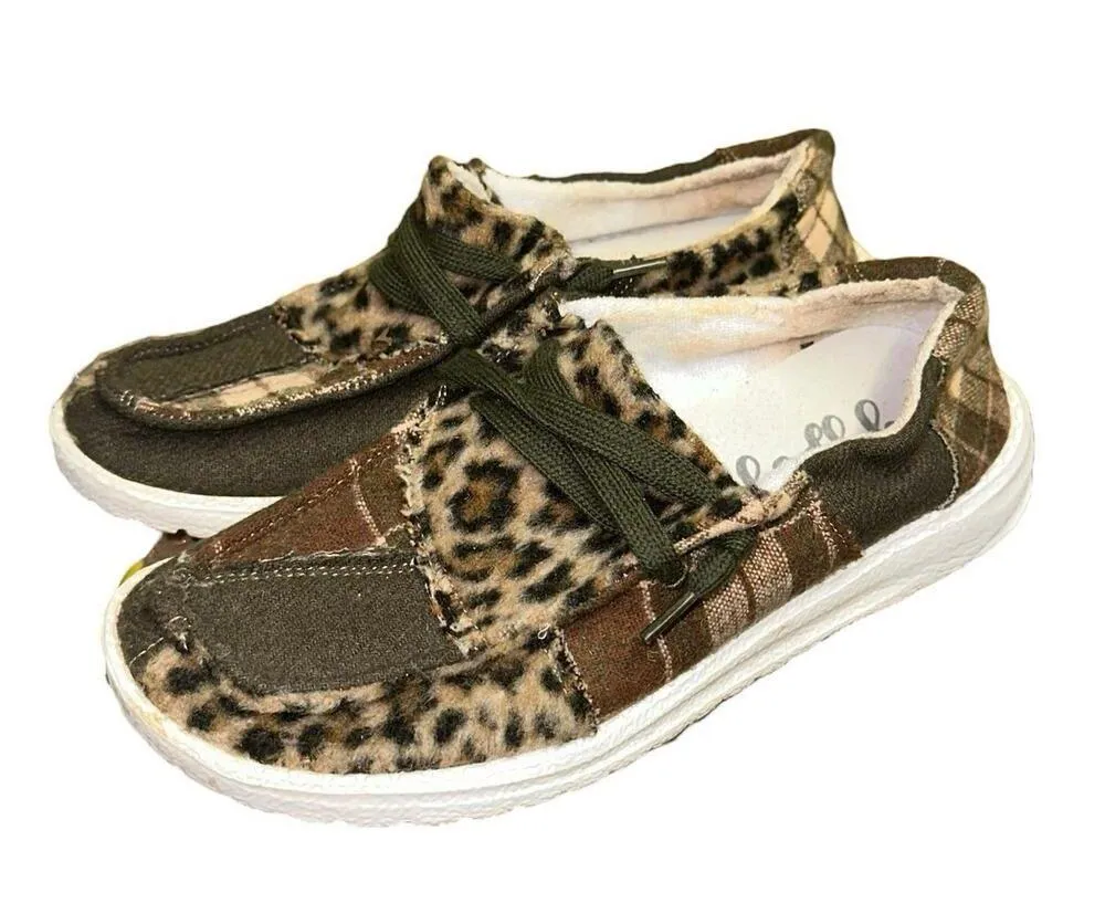 Gypsy Jazz Patchwork Leopard Plaid Slip On Shoes Green Size 6 - Image 3