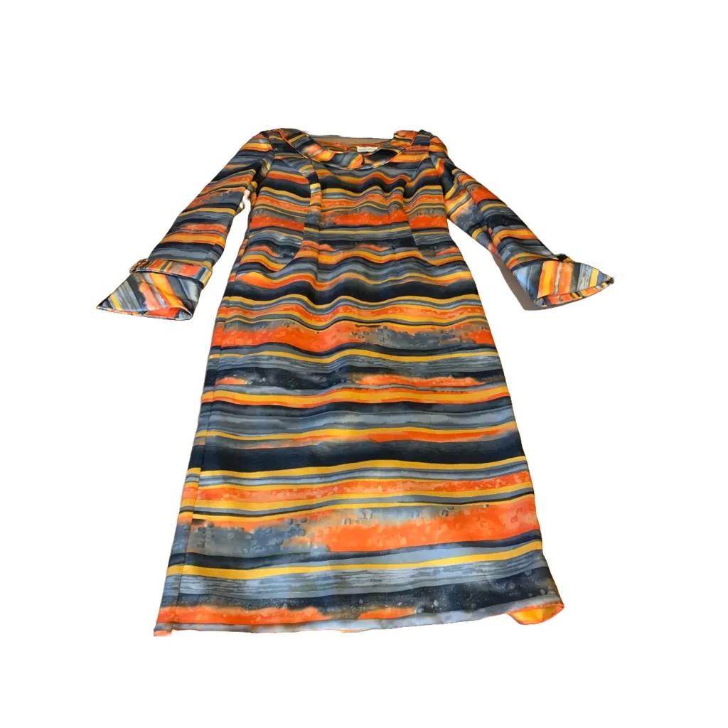 LILLY & TAYLOR ORANGE, YELLOW & GRAY STRIPED WIGGLE DRESS WITH JEWEL CUFFS (8) - Image 11