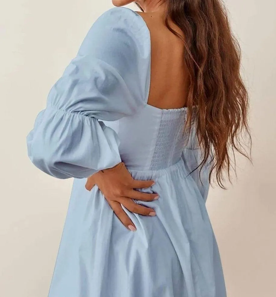 Exlura Womens Square Neck Dress Long Puff Sleeve A-Line Casual Short Mini Dress - Image 6