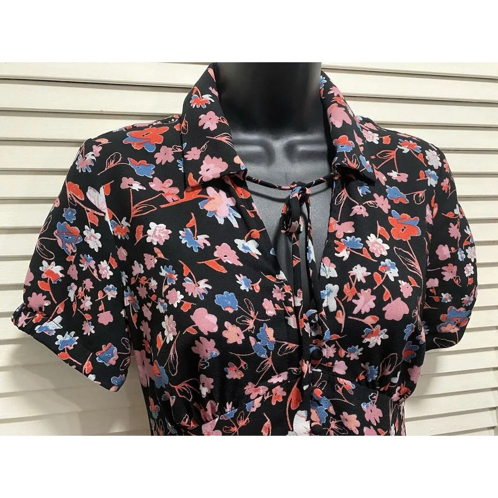 Candies Floral Black Pink Blue Button Up Tie Collar‎ Dress Size Small - Image 4