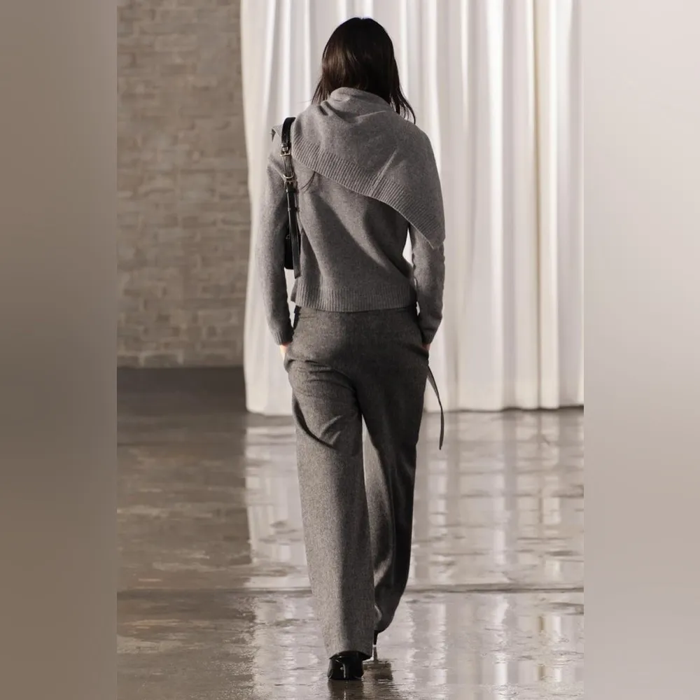 Zara WOOL BLEND WIDE LEG PANTS ZW COLLECTION Belted Black/Grey Size XL NEW - Image 9