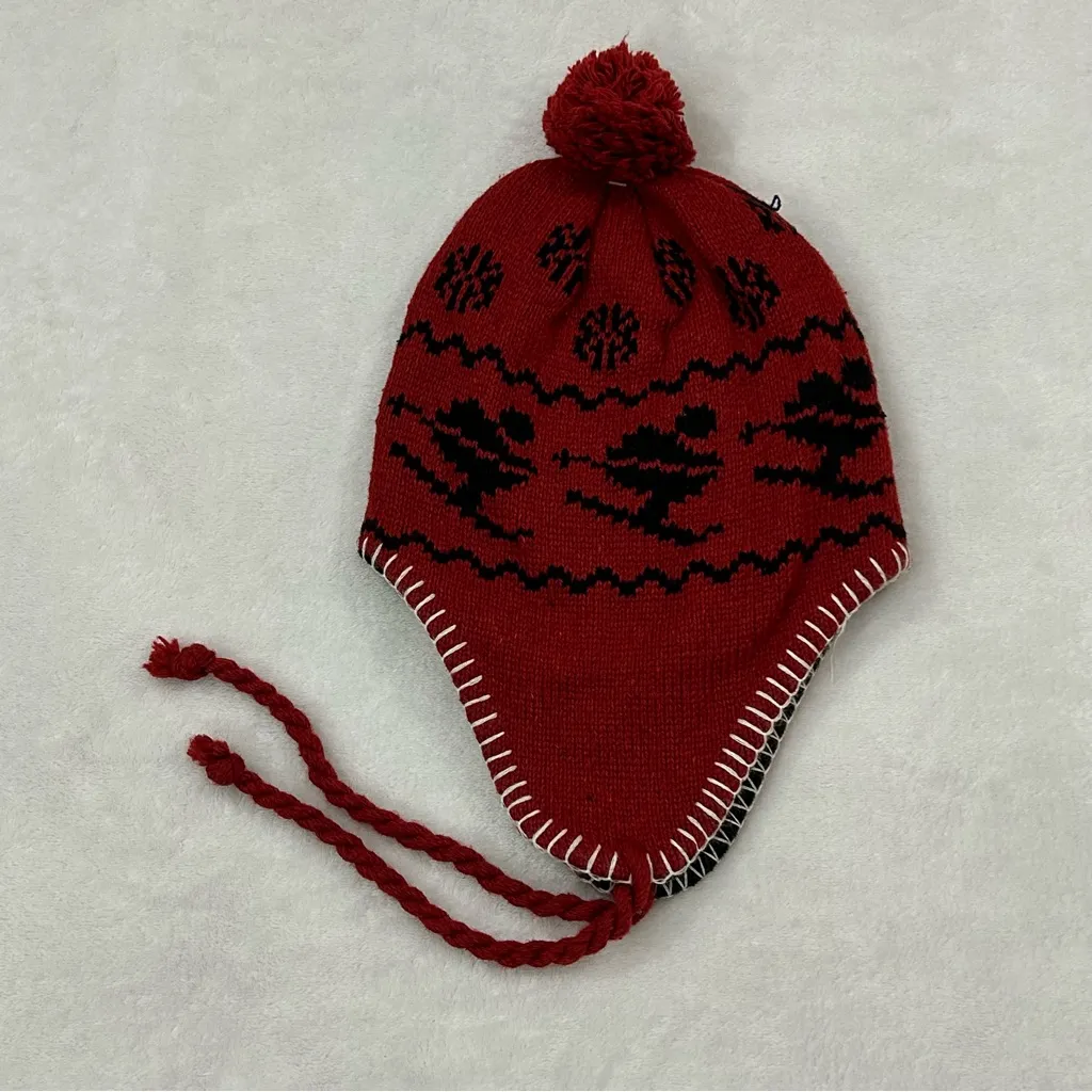 Knitted Nepalese Winter Ski Red Pom Pom Ear Flaps Tassels Wool Beanie Hat Cap - Image 2