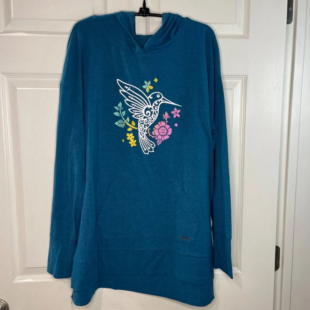 Life Is Good Pullover Hoodie Women's Size Large Rayon Blend Hummingbird Blue - Image 2