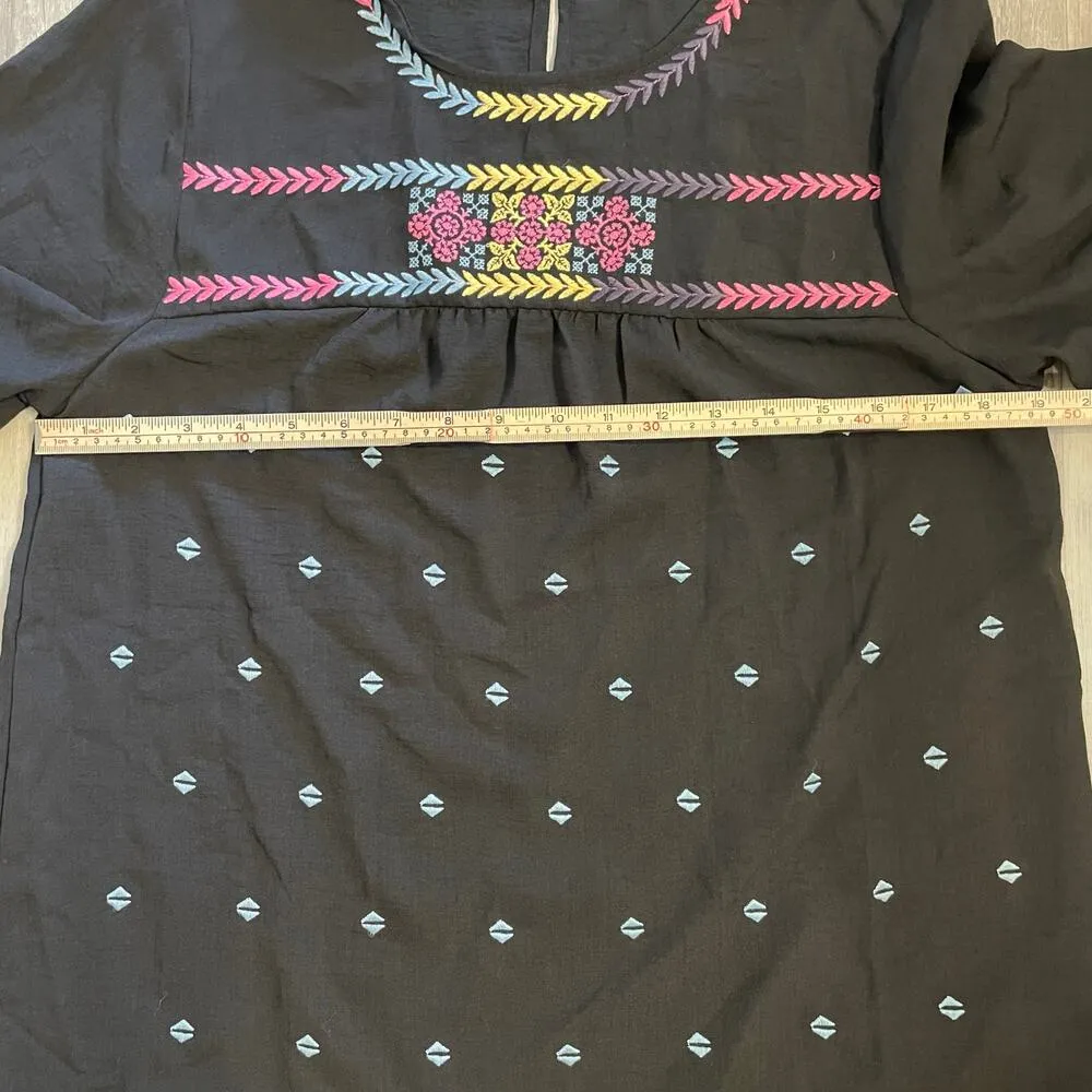 Polagram black top with colorful embroidery at the chest,hem and sleeves. Sz L - Image 4