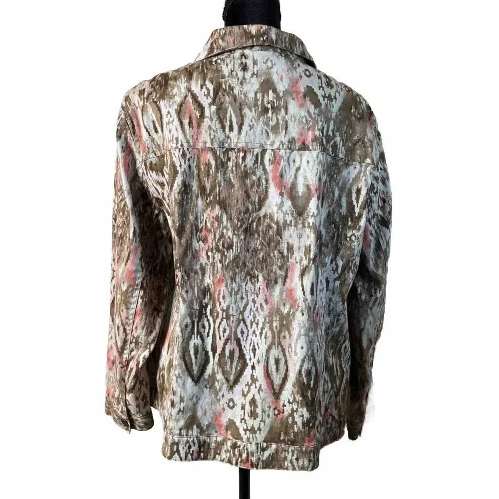Chico's Women's 3 US Size XL/16 Jacket Denim‎ Brown Pink Abstract Southwestern - Image 2