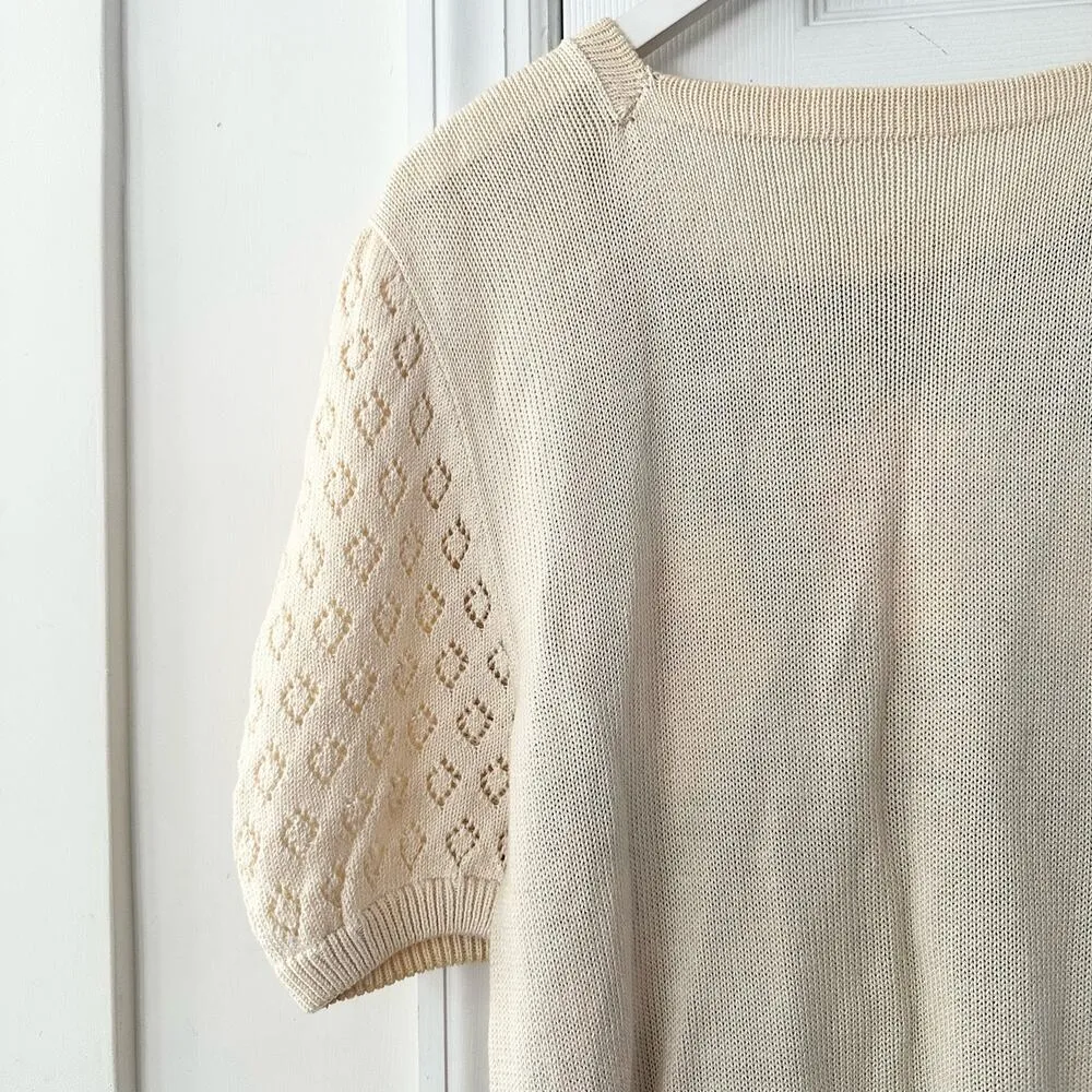 Vintage Hand Knit Square Neck Pointelle Puff Sleeve Floral Print Sweater Large - Image 7