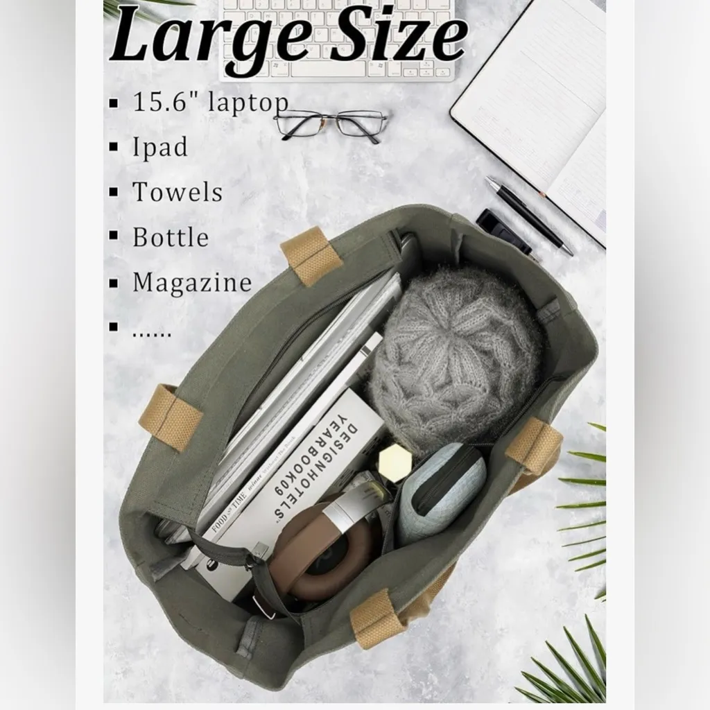 NEW Large Canvas Tote Bag Durable interior Pocket Zipper Travel Daily Use 13x19” Gray - Image 3