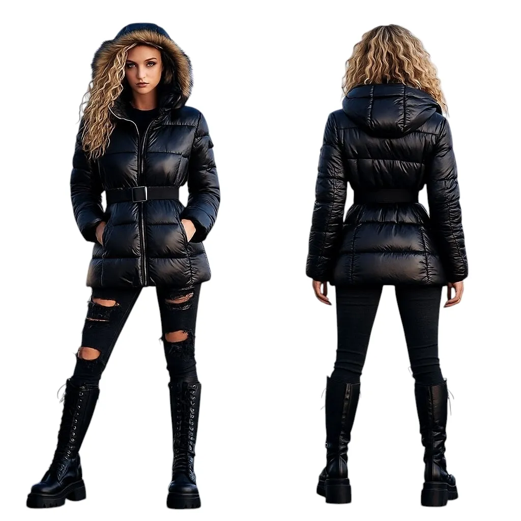 S13/NYC Chalet Belted Down Filled Puffer Detachable Fur Trim Hood EUC Small F243 Black - Image 6