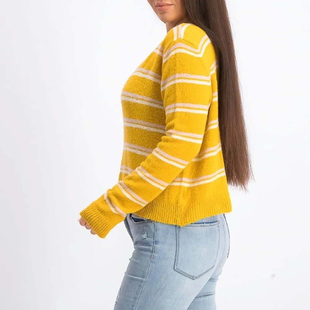 NEW EMORY PARK Sweater Amelia Cropped Pullover Stripes Mustard Yellow Medium - Image 2