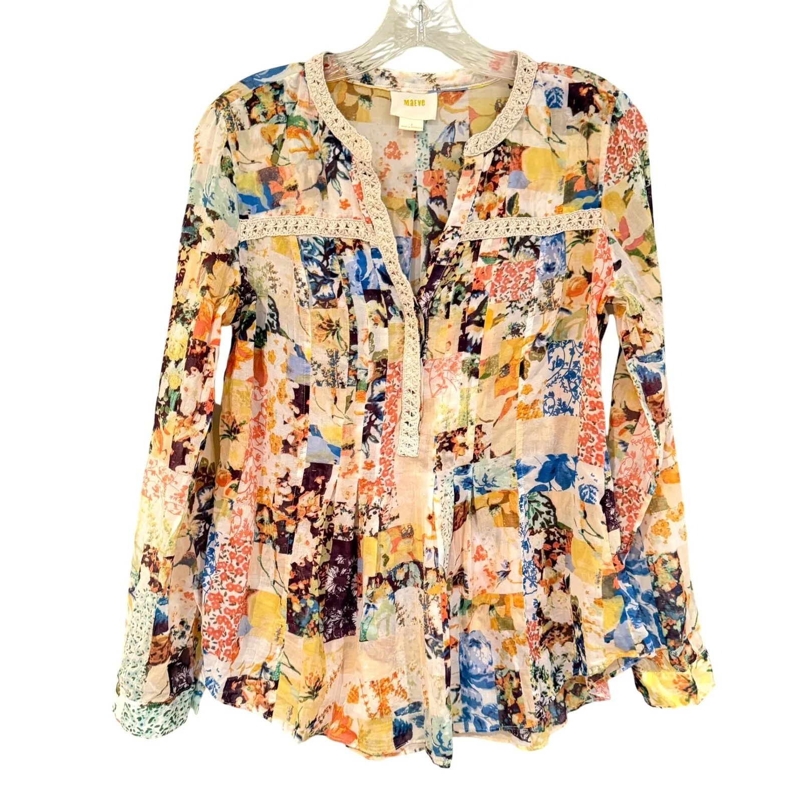 Maeve Abella Floral Patchwork Pintuck Blouse Women's 2 Multi Boho Hippie Peasant - Image 3