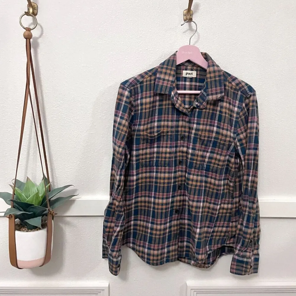 Pact Fireside Flannel Button Front Shirt Navy/Yellow Plaid Women’s Size M - Image 2