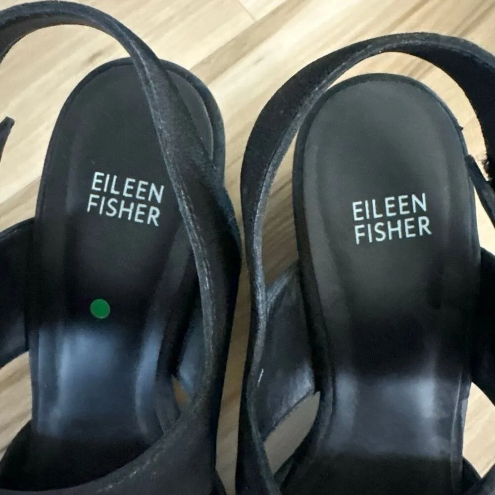 Eileen Fisher Finn Nubuck Black Suede Block Chunky Heel Sandals Size 7 Classic - Image 4