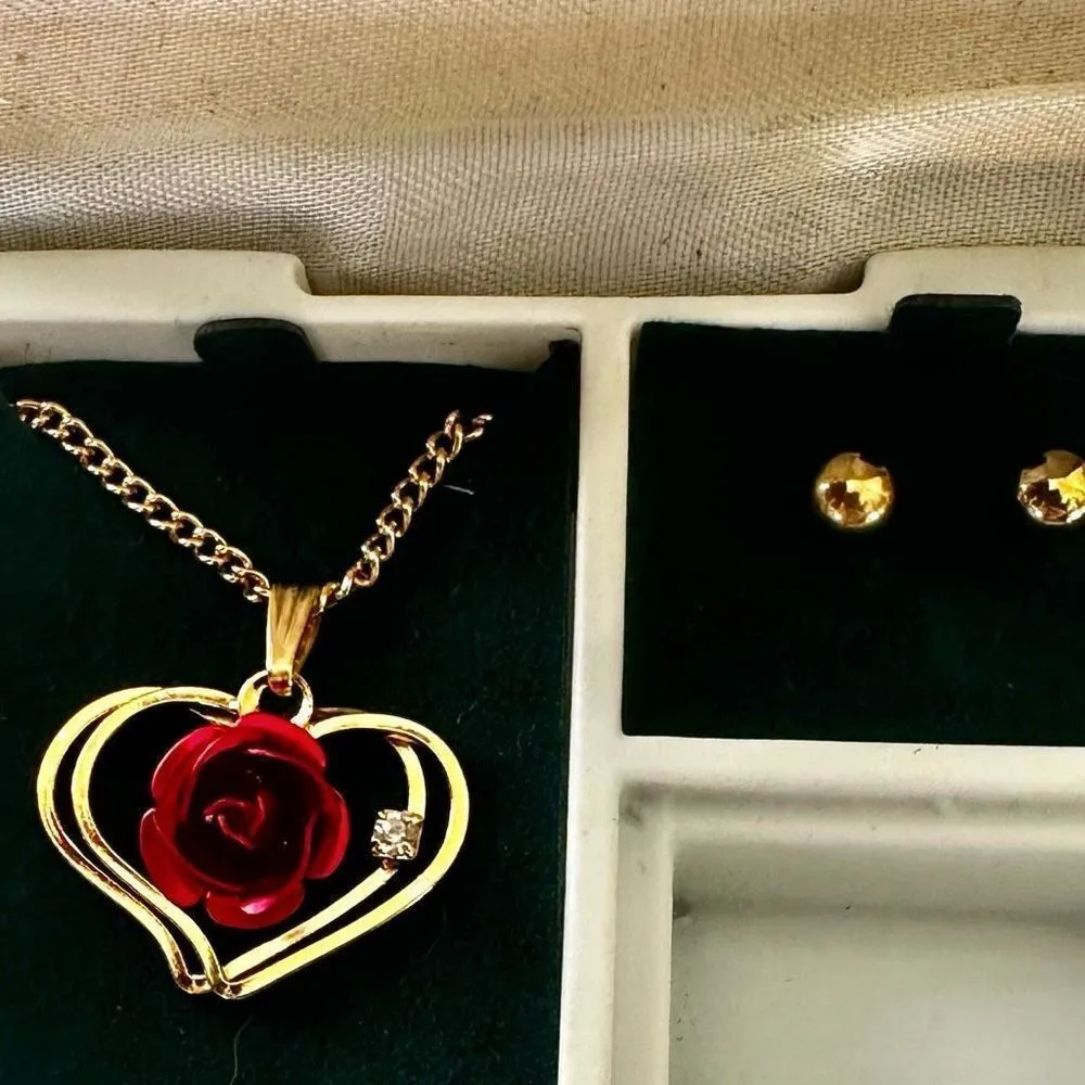 The Marquis Collection gold tone heart pendant with red rose necklace and earring - Image 14