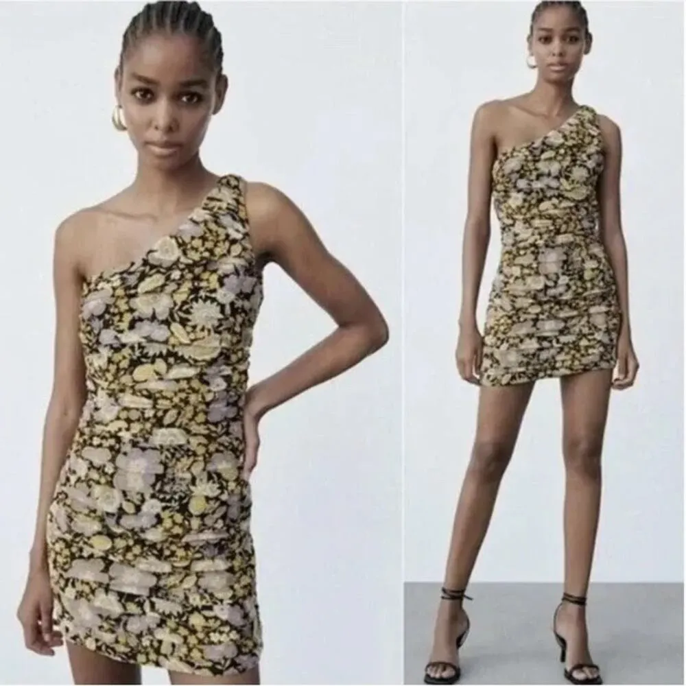 NEW Zara Floral Ruched One Shoulder Mini Dress Cocktail Party Size Small NWT - Image 3